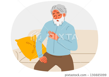 Elderly man feels pain in heart, sitting on couch and needs emergency medical care. Elderly man feels pain in heart, sitting on couch and needs emergency medical care. 130885099