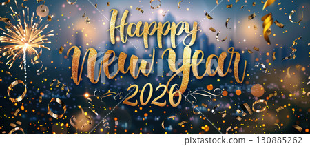 Happy New Year 2026 Celebration with Fireworks and Confetti 130885262