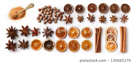 Flat Lay of Spices, Dried Citrus, and Red Roses on White Flat Lay of Spices, Dried Citrus, and Red Roses on White 130885270