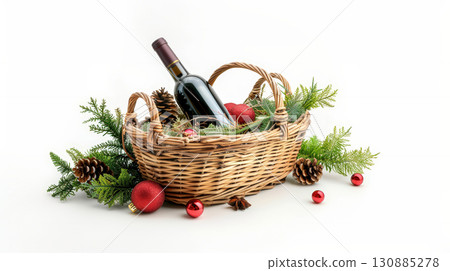 Christmas Gift Basket with Wine and Holiday Decorations 130885278