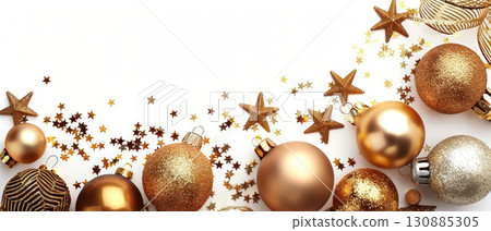 Gold and white Christmas ornaments with scattered bells and stars 130885305