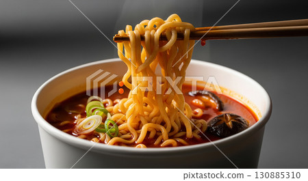 Korean Instant Ramen with Chopsticks Lifting Noodles 130885310