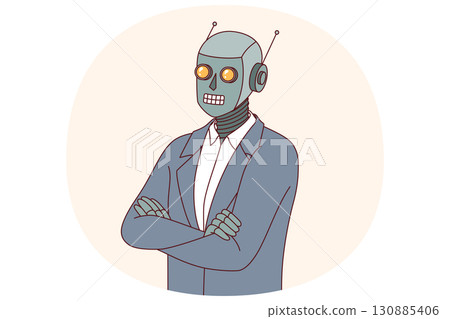 Humanoid robot in business suit with arms crossed, demonstrating confidence in superiority of AI Humanoid robot in business suit with arms crossed, demonstrating confidence in superiority of AI 130885406