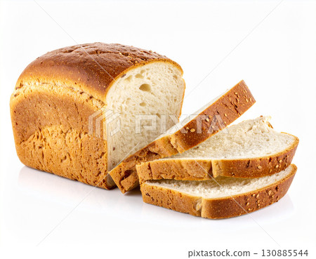 Freshly Sliced Loaf of White Bread on White Background 130885544