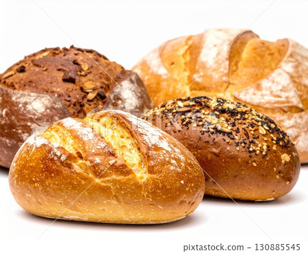 Assorted Artisan Bread Loaves on White Background 130885545