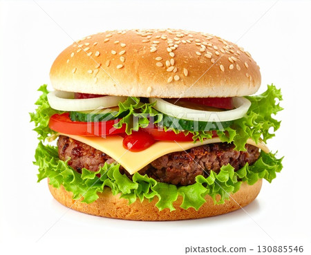Cheeseburger with Fresh Vegetables and Ketchup Cheeseburger with Fresh Vegetables and Ketchup 130885546