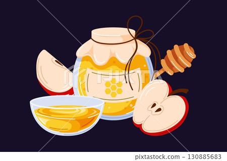 Jar of honey with dipper and fresh apple slices on dark background symbolizing rosh hashanah holiday tradition in cartoon style. Jar of honey with dipper and fresh apple slices on dark background symbolizing rosh hashanah holiday tradition in cartoon style. 130885683