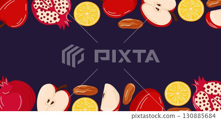 Border frame for autumn season with apple, pomegranate, lemon dates on white background in flat style. 130885684