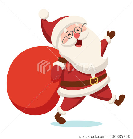 Santa Claus with a bag of gifts walking and smiling on a white background. Christmas character Santa Claus with a bag of gifts walking and smiling on a white background. Christmas character 130885708