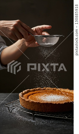 A baker's hands meticulously sift powdered sugar over a freshly baked pumpkin pie resting on a cooling rack, illuminated by soft, dramatic lighting against a dark background. 130885918