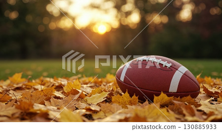 A brown American football with white laces rests on a vibrant carpet of golden autumn maple leaves with a blurred green field and warm sunset bokeh in the background. 130885933