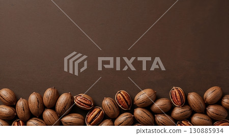 A visually appealing assortment of whole and shelled pecans is neatly arranged along the bottom edge of a dark brown textured background, providing generous space above. 130885934