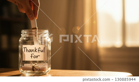 A hand gently places a rolled-up gratitude note into a clear glass jar labeled "Thankful For" on a wooden table, bathed in warm golden light. A hand gently places a rolled-up gratitude note into a clear glass jar labeled "Thankful For" on a wooden table, bathed in warm golden light. 130885944