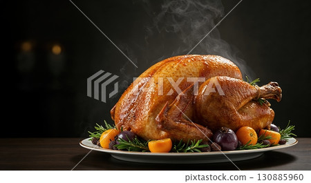 A perfectly prepared, steaming whole roasted bird, featuring glossy golden skin and garnished with aromatic herbs and colorful citrus, set on a dark surface. 130885960