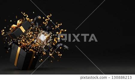 A sleek black gift box with gold ribbon dramatically opens, releasing a perfume bottle, shimmering golden confetti, and flowing black and gold ribbons on a dark background with ample copy space. A sleek black gift box with gold ribbon dramatically opens, releasing a perfume bottle, shimmering golden confetti, and flowing black and gold ribbons on a dark background with ample copy space. 130886213