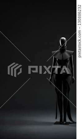 A striking black mannequin displays an avant-garde high-fashion outfit with a structured collar, peplum waist, and flowing skirt details against a dark, minimalist background. 130886232
