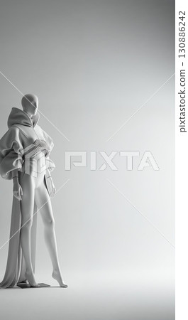 A stylized mannequin stands elegantly, showcasing a futuristic high-fashion garment with voluminous sleeves and a flowing train against a minimalist grey background. 130886242