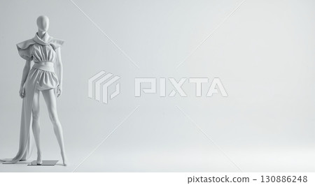 A white mannequin stands elegantly, showcasing a futuristic high-fashion outfit with a draped skirt and structured top, presented against a clean, minimalist white studio background with ample copy. A white mannequin stands elegantly, showcasing a futuristic high-fashion outfit with a draped skirt and structured top, presented against a clean, minimalist white studio background with ample copy. 130886248
