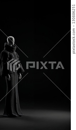 A sleek mannequin displays a dark, elegant high-fashion outfit featuring a voluminous collar, puffed sleeves, and a long flowing skirt against a dramatic black background with ample copy space. 130886251