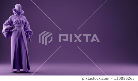 A sleek lavender mannequin displays a futuristic high-fashion ensemble with a cropped top, voluminous sleeves, and a long coat on a matching purple studio background with copy space. 130886263