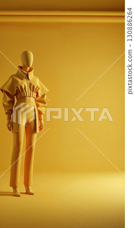 A monochromatic yellow mannequin displays a modern high-fashion outfit with a cropped jacket and trousers in a minimalist studio setting, featuring ample copy space. 130886264