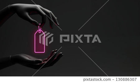 A pair of sleek black mannequin hands interact on a dark background, with one hand presenting a glowing pink neon price tag above the other cupped hand, offering a modern retail concept. A pair of sleek black mannequin hands interact on a dark background, with one hand presenting a glowing pink neon price tag above the other cupped hand, offering a modern retail concept. 130886307