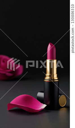 A luxurious magenta lipstick in a black and gold case stands upright next to a delicate rose petal on a dark surface, with a blurred rose in the background. 130886310