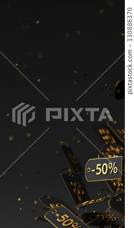 Elegant black and gold discount tags with percentage signs float against a dark background, featuring sparkling bokeh lights and ample copy space for promotional content. 130886370
