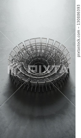 A high-angle view of numerous grey metallic shopping carts arranged in a spiraling, concentric pattern on a dark concrete surface, forming a deep funnel shape. 130886393
