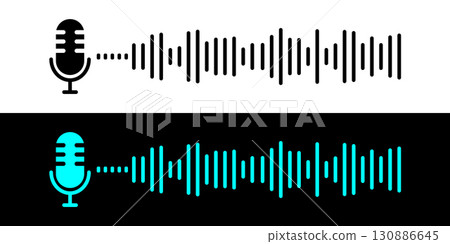 Podcast microphone sound wave. Podcast player. Audio recording icon with waveform in two color variations. Podcast microphone sound wave. Podcast player. Audio recording icon with waveform in two color variations. 130886645