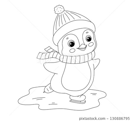 Cute baby penguin is skating, animal in hat and scarf, winter activity, online illustration for coloring page 130886795