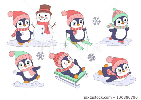Penguin character vector illustration set. Activity in winter. Collection of cartoon animals, cute penguin. Go skating, skiing, sledding. Make a snowman Penguin character vector illustration set. Activity in winter. Collection of cartoon animals, cute penguin. Go skating, skiing, sledding. Make a snowman 130886796