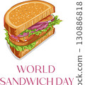 Colorful illustration of a delicious sandwich with lettuce, tomato, and onions on toasted bread, celebrating World Sandwich Day on a white background. Colorful illustration of a delicious sandwich with lettuce, tomato, and onions on toasted bread, celebrating World Sandwich Day on a white background. 130886818
