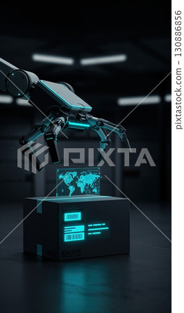 A sleek robotic arm precisely positions a glowing holographic world map above a dark package with illuminated barcode labels in a dimly lit, high-tech industrial setting. 130886856