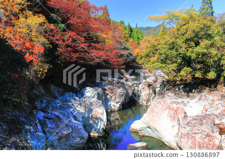 [Oita Prefecture] Autumn leaves at Sarutobi Sentsubo Gorge on a clear day (Okuyabakei) 130886897