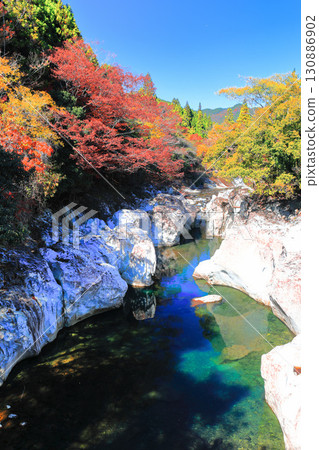 [Oita Prefecture] Autumn leaves at Sarutobi Sentsubo Gorge on a clear day (Okuyabakei) 130886902