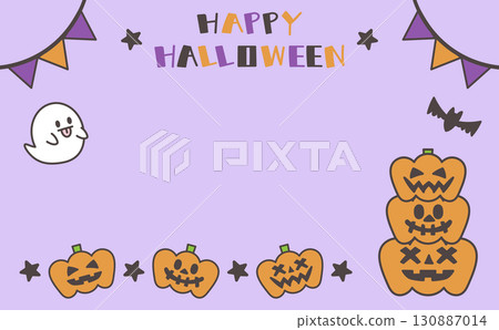 Cute Halloween card design with Ghost and Pumpkin frame 130887014