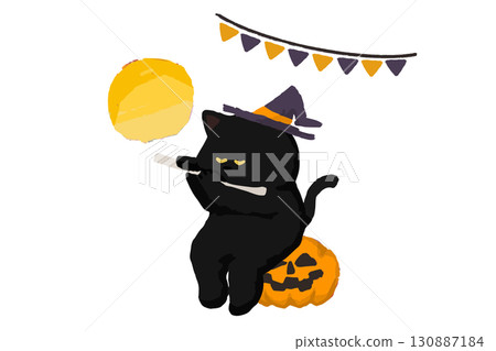 萬聖節插圖，黑貓裝扮並吹笛子 130887184