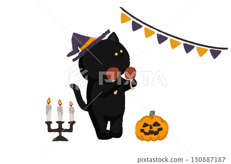 Halloween illustration, black cat dressed up and playing percussion 130887187