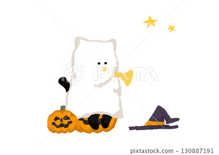 萬聖節插圖，黑貓裝扮並吹著小號 130887191