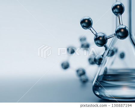 A futuristic lab world depicted with molecular structures and chemical experiment equipment 130887194