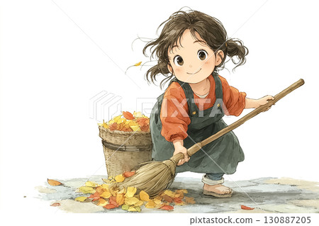 Miyu Series: Miyu is cleaning up the streets of the town with a broom, sweeping up fallen leaves. 130887205