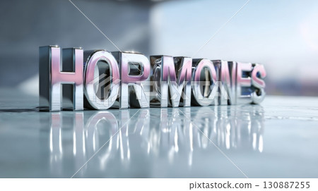 Frontal mid-range shot of shiny metallic letters forming the word hormones on a reflective surface with soft gradient background. Frontal mid-range shot of shiny metallic letters forming the word hormones on a reflective surface with soft gradient background. 130887255