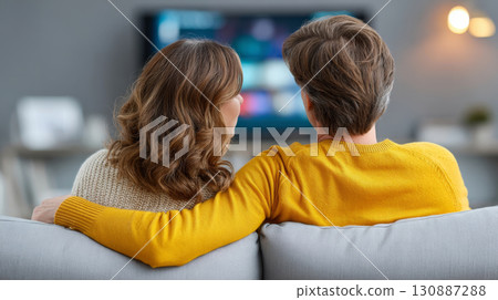Middle-aged couple relaxing on couch at home and watching television together 130887288
