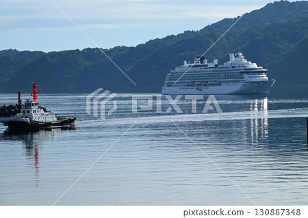 Morning at Miyako Port: Luxury cruise ship Asuka III arrives 130887348