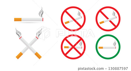 No Smoking Signs and Cigarettes Vector Illustration. 130887597