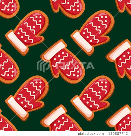 Seamless pattern with gingerbread cookie shape of mitten in cartoon style. Christmas Holiday winter symbol. Seamless pattern with gingerbread cookie shape of mitten in cartoon style. Christmas Holiday winter symbol. 130887742