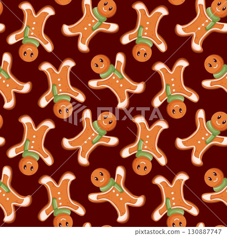 Seamless Holiday pattern with gingerbread man in cartoon style. Cute design for Christmas background, wrapping paper. 130887747