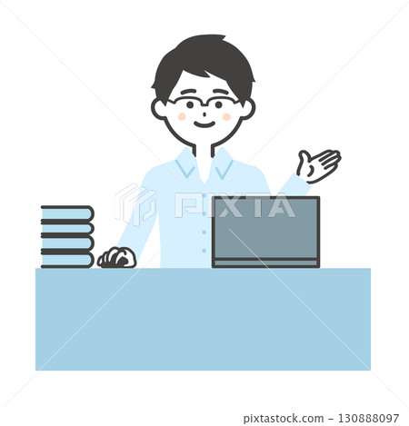 一名男子在辦公桌上使用筆記型電腦時指著某物的圖片 130888097