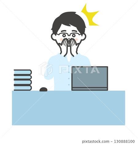 Illustration of a man using a laptop at his desk with his hand over his mouth in surprise 130888100